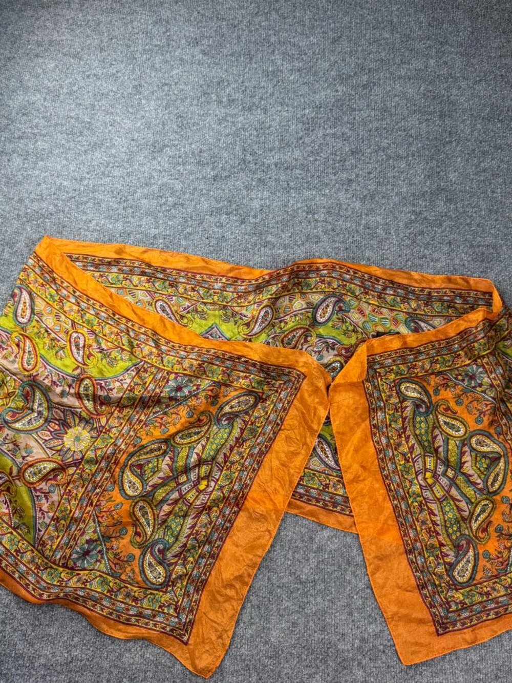 Vintage 100% Pure Silk Scarf India Paisley Floral Lightweight Wrap Orange Green